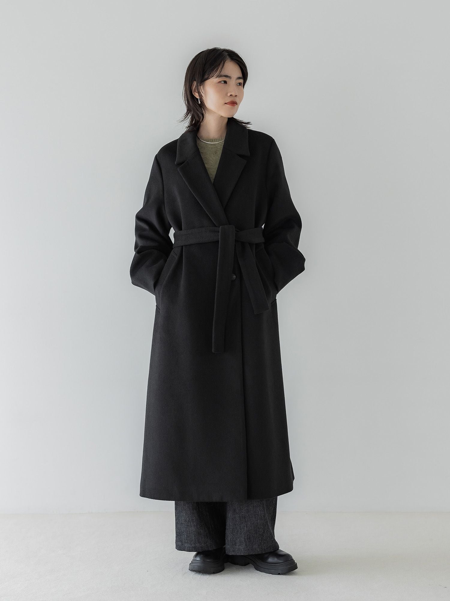 crewre アジャスタブルウールロングコート 黒 ブラック サイズ1 sサイズ crewre online store / アジャスタブルウールロングコート