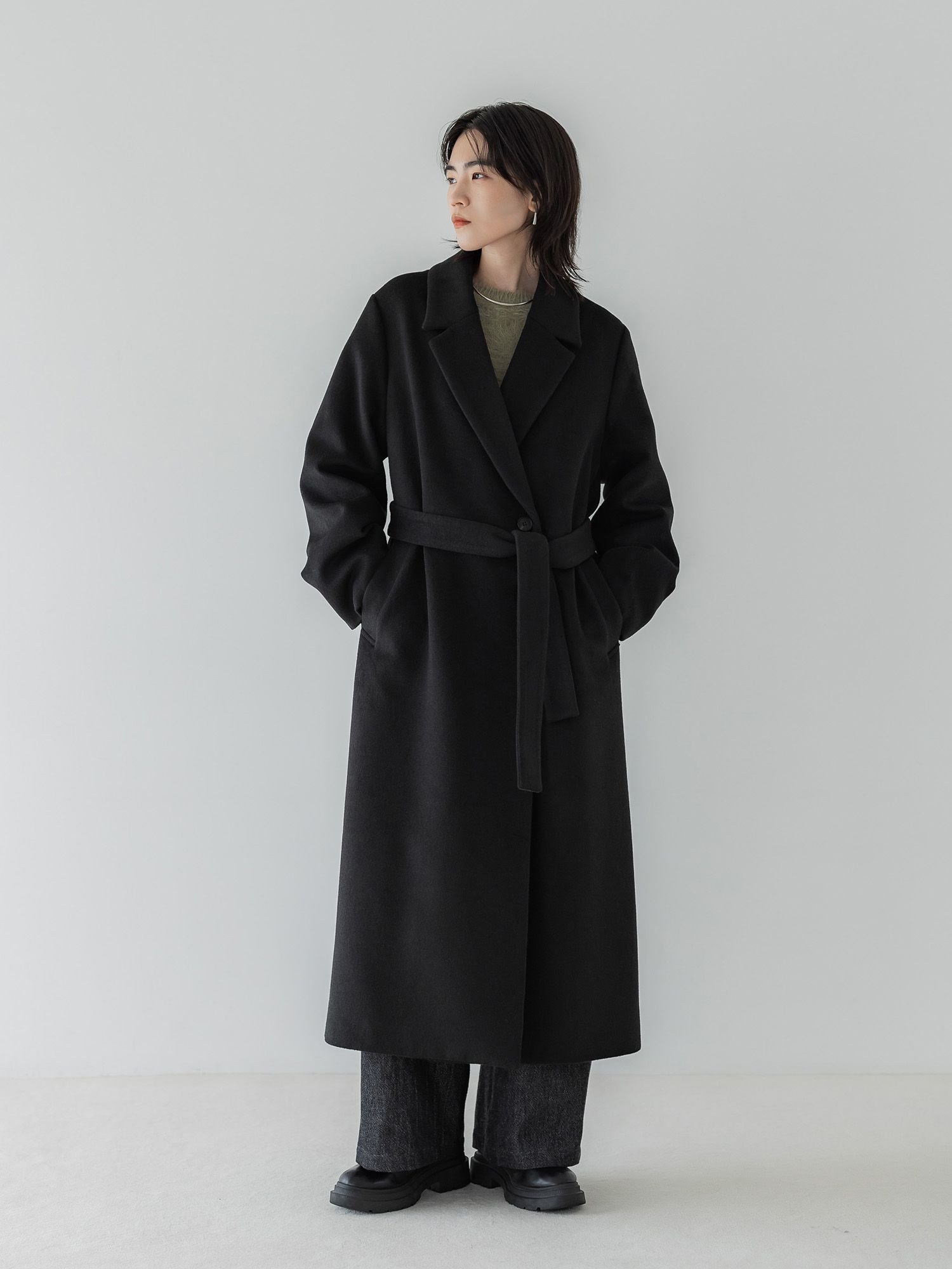 crewre アジャスタブルウールロングコート 黒 ブラック サイズ1 sサイズ crewre online store / アジャスタブルウールロングコート