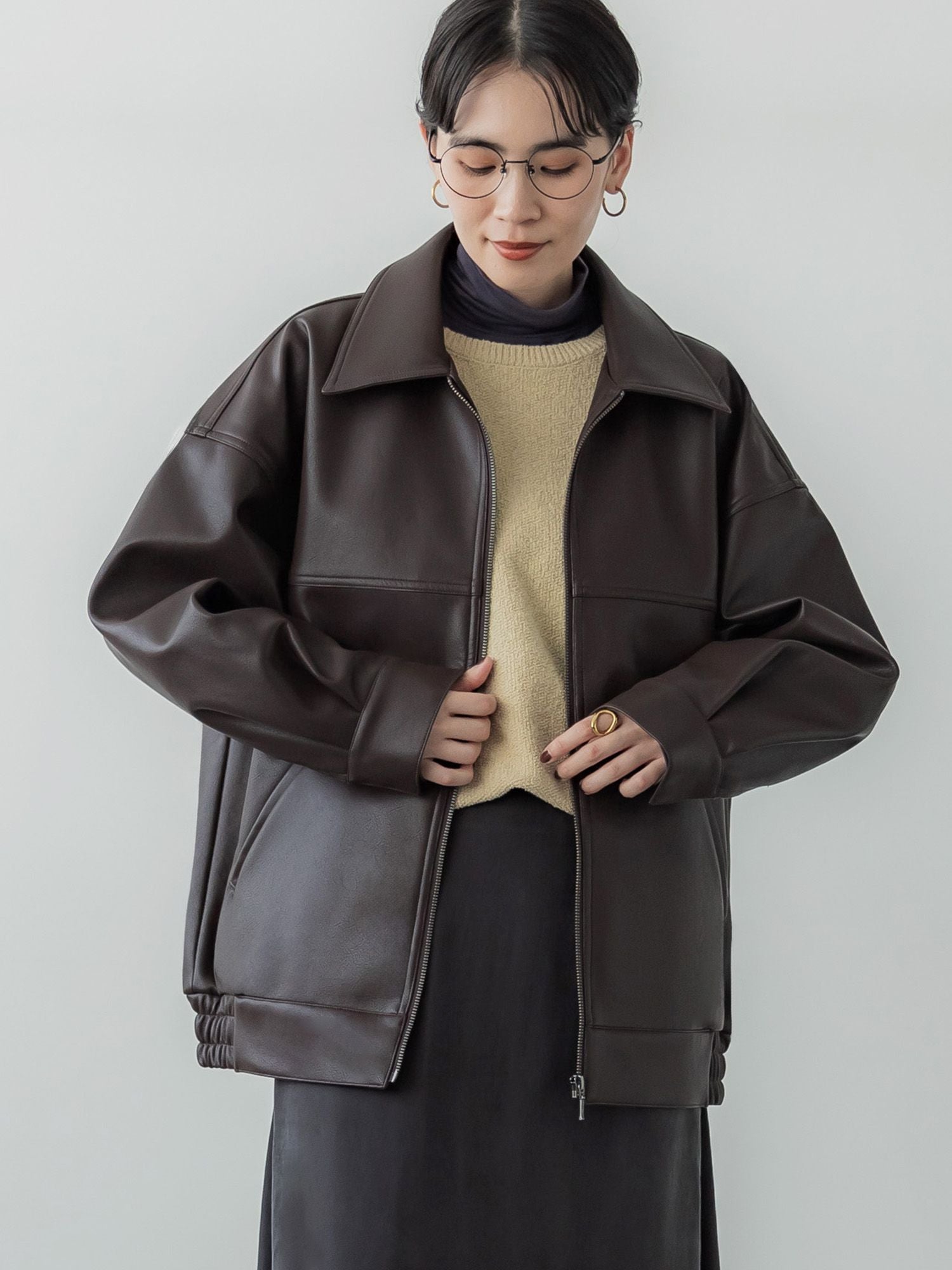 crewre online store / フェイクレザージップブルゾン