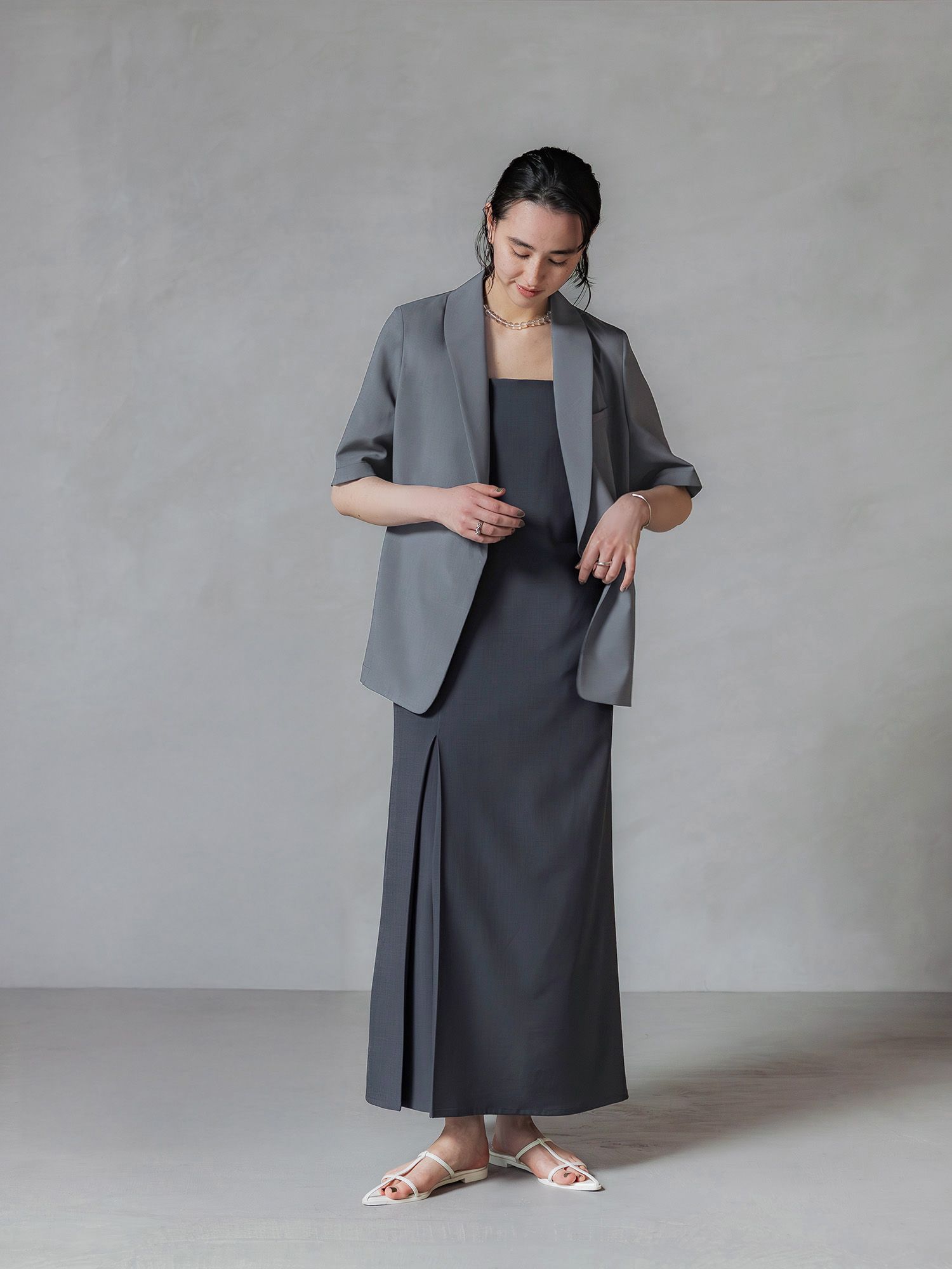 crewre　クルーレ　ショールハーフスリーブジャケット　グレー　サイズ2 crewre online store / ショールハーフスリーブジャケット
