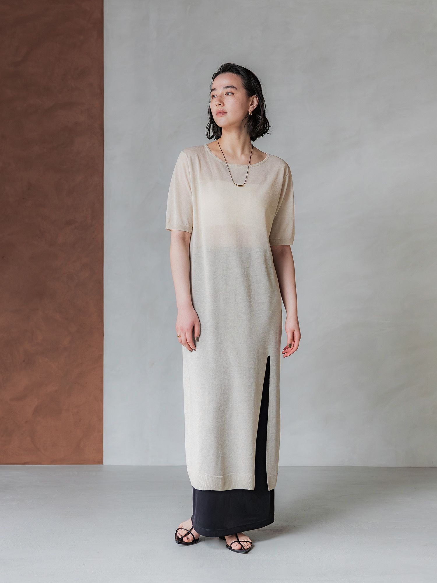 crewre online store / シアーニットストレートワンピース