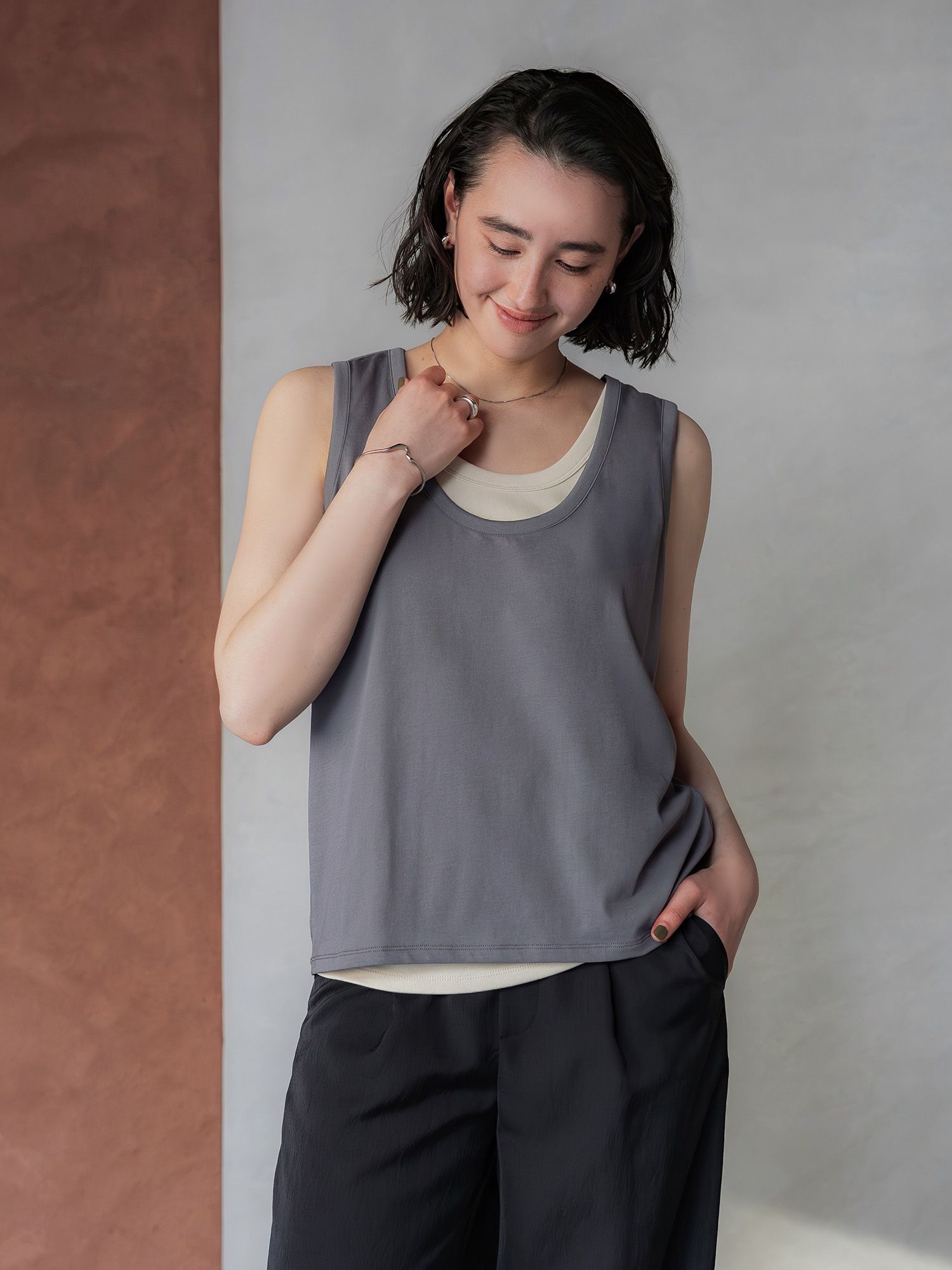 crewre マルチウェイレイヤードタンクトップ 　ブラック　size2 3way mesh/cotton combination layered tank top(2枚セット) / 3ウェイ